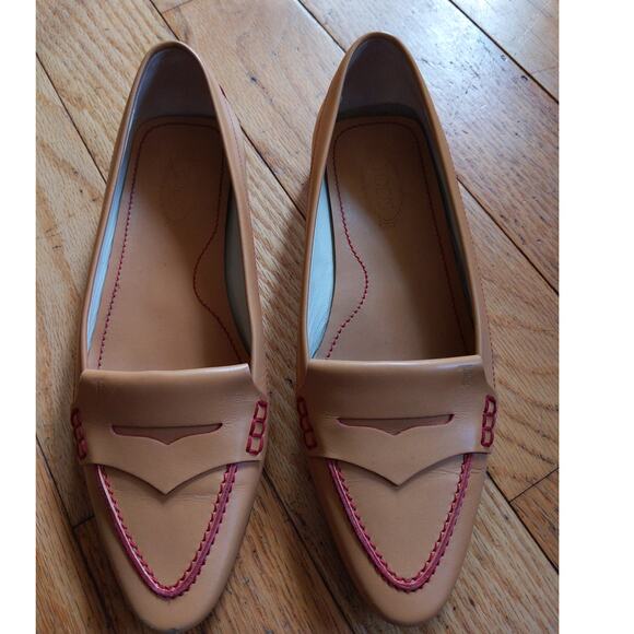 Tod's Tan Leather Driving Loafers Red Stitching Made Italy Size 5 Luxury - Picture 2 of 11